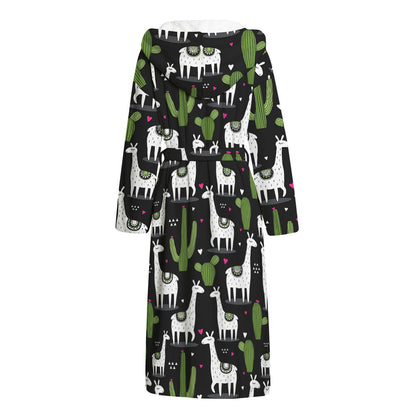Cactus And Llama Pattern Print Hooded Bathrobe
