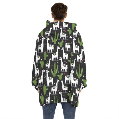 Cactus And Llama Pattern Print Hoodie Blanket