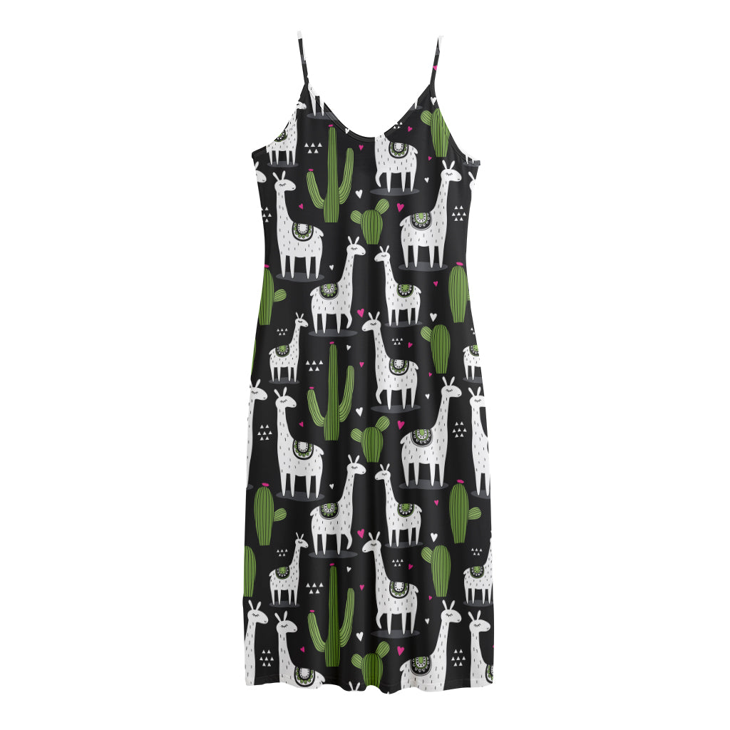 Cactus And Llama Pattern Print Jersey Midi Cami Dress