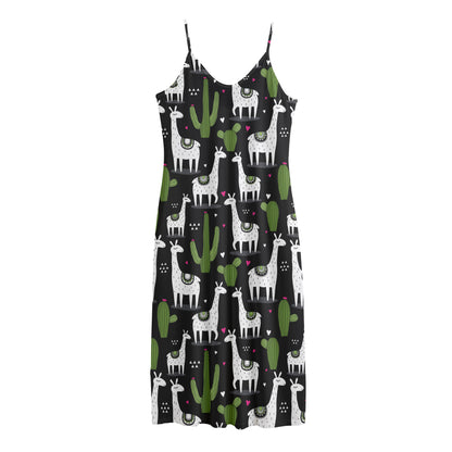 Cactus And Llama Pattern Print Jersey Midi Cami Dress