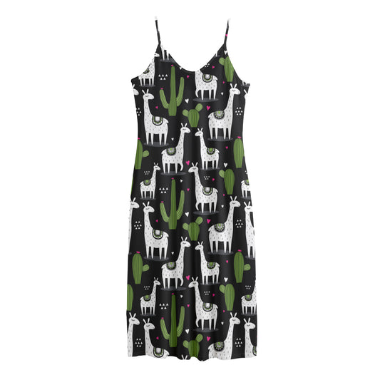 Cactus And Llama Pattern Print Jersey Midi Cami Dress