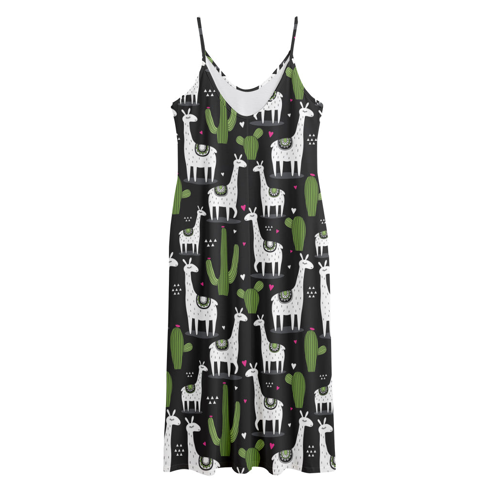 Cactus And Llama Pattern Print Jersey Midi Cami Dress