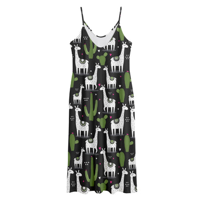 Cactus And Llama Pattern Print Jersey Midi Cami Dress