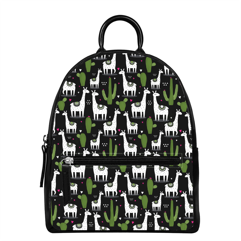 Cactus And Llama Pattern Print Leather Backpack