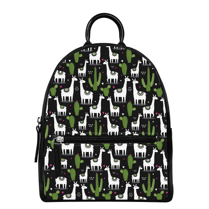 Cactus And Llama Pattern Print Leather Backpack