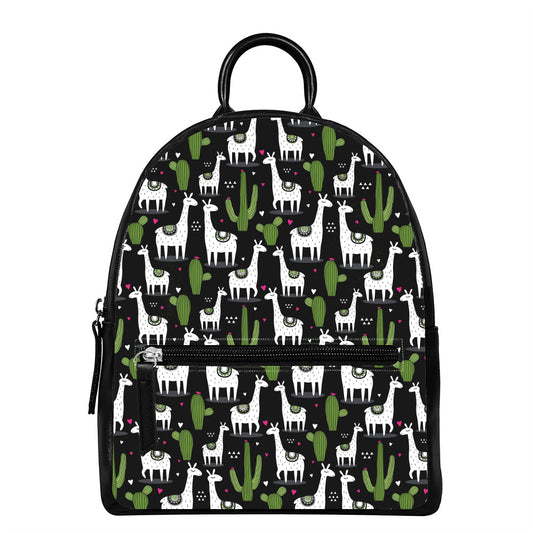 Cactus And Llama Pattern Print Leather Backpack