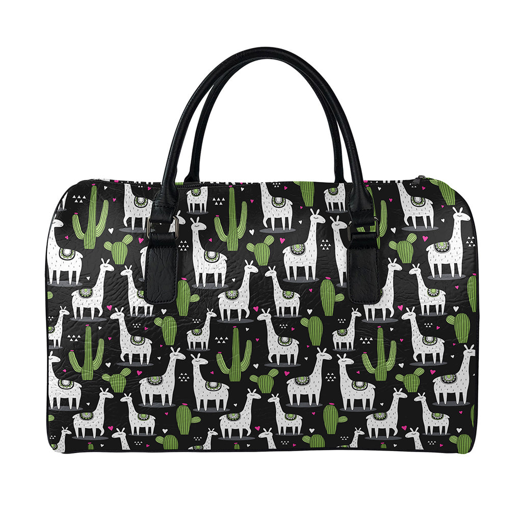 Cactus And Llama Pattern Print Leather Duffle Bag