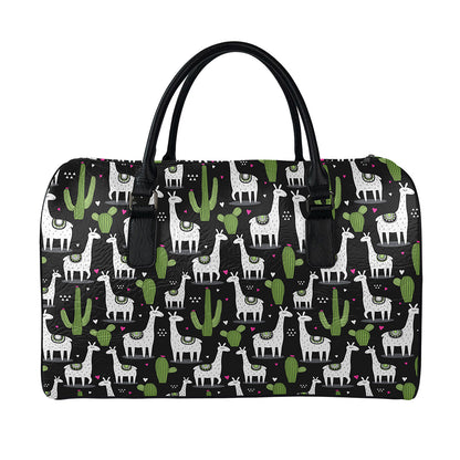 Cactus And Llama Pattern Print Leather Duffle Bag