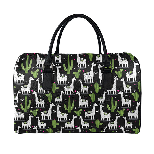 Cactus And Llama Pattern Print Leather Duffle Bag