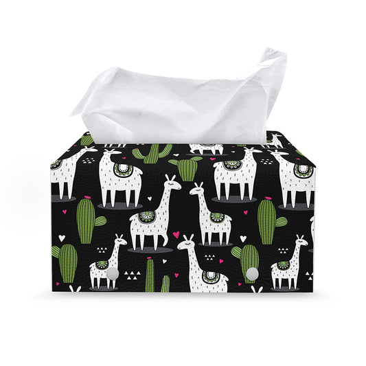 Cactus And Llama Pattern Print Leather Tissue Box Cover