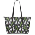 Cactus And Llama Pattern Print Leather Tote Bag With Zipper