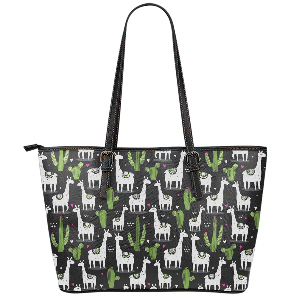 Cactus And Llama Pattern Print Leather Tote Bag