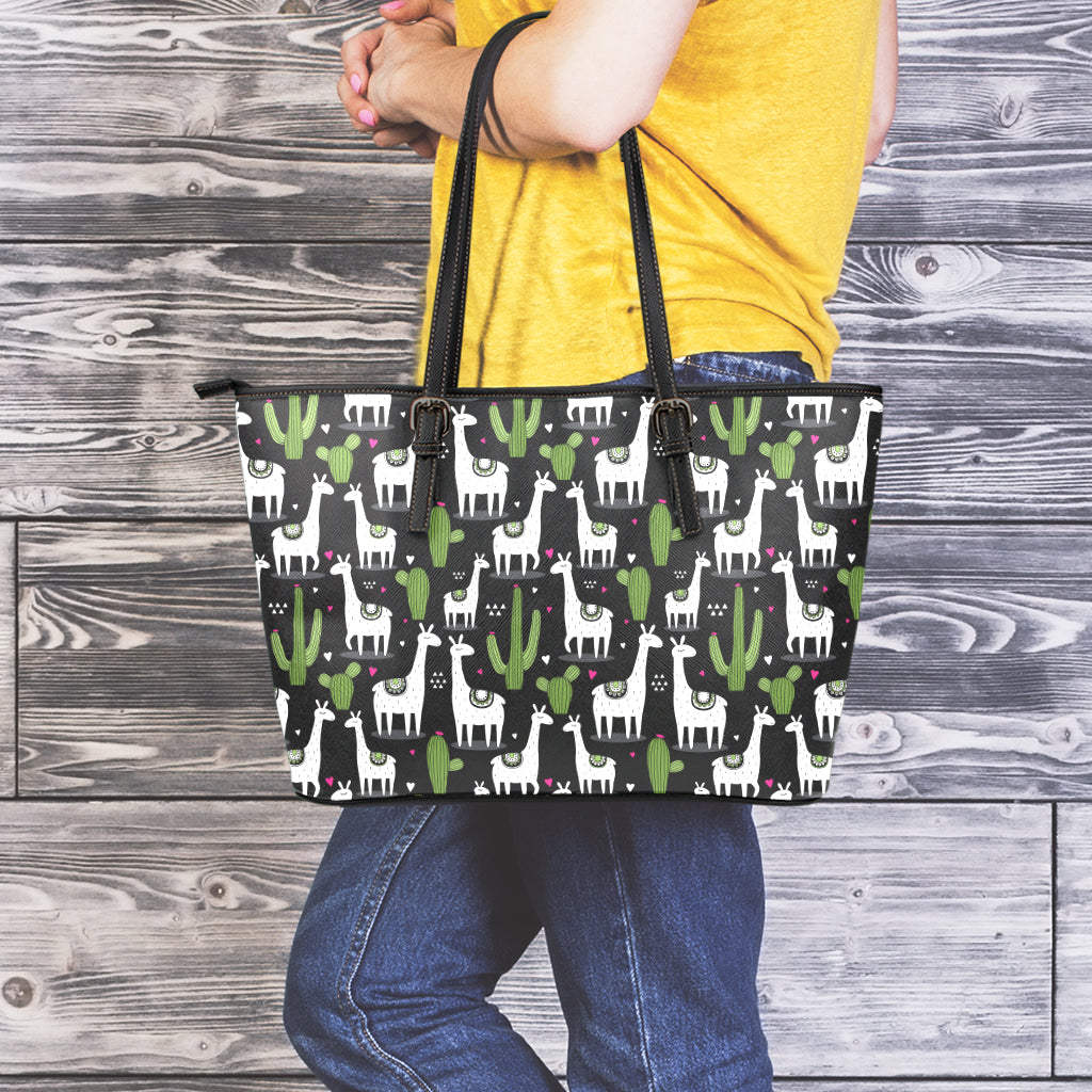 Cactus And Llama Pattern Print Leather Tote Bag