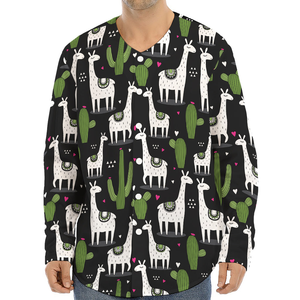 Cactus And Llama Pattern Print Long Sleeve Baseball Jersey