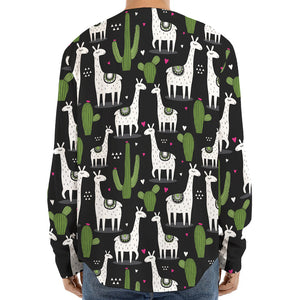 Cactus And Llama Pattern Print Long Sleeve Baseball Jersey