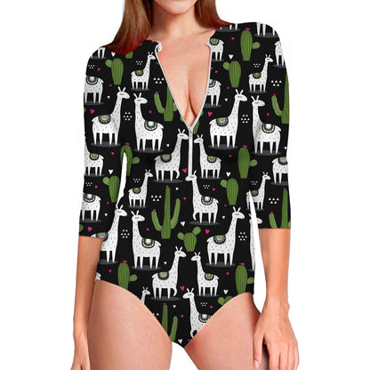 Cactus And Llama Pattern Print Long Sleeve Swimsuit