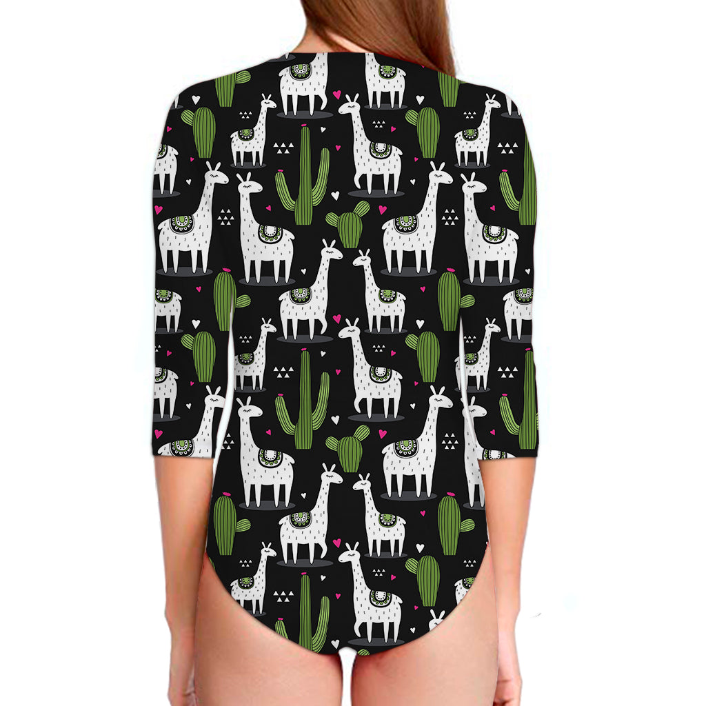 Cactus And Llama Pattern Print Long Sleeve Swimsuit