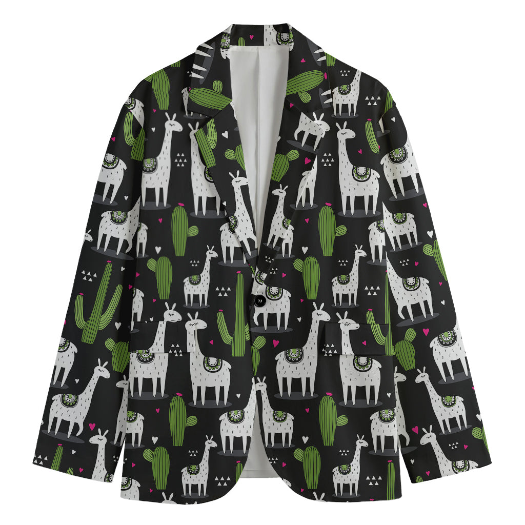Cactus And Llama Pattern Print Men's Cotton Blazer