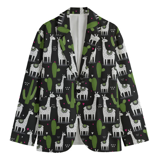 Cactus And Llama Pattern Print Men's Cotton Blazer