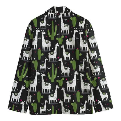 Cactus And Llama Pattern Print Men's Cotton Blazer