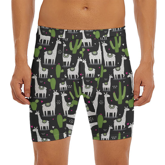 Cactus And Llama Pattern Print Men's Long Boxer Briefs