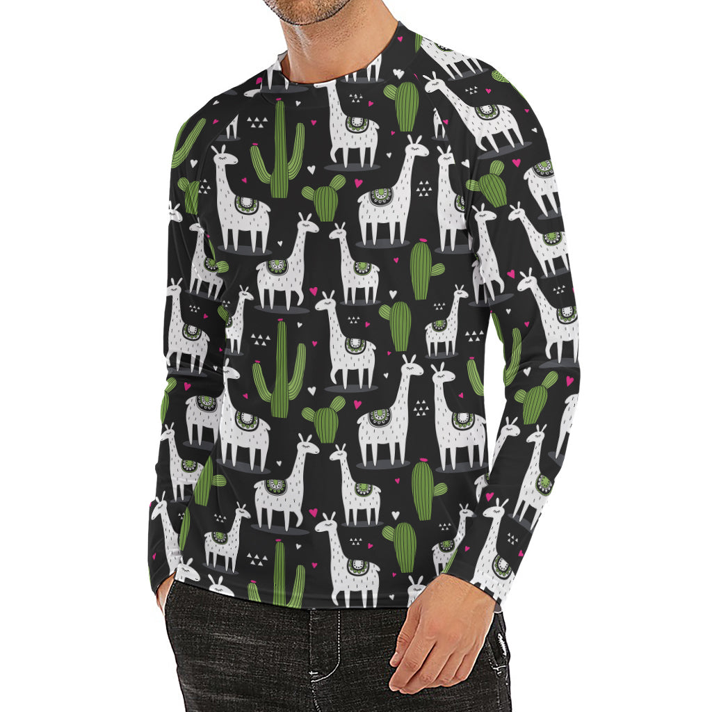 Cactus And Llama Pattern Print Men's Long Sleeve Rash Guard
