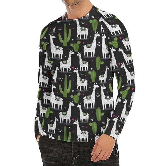Cactus And Llama Pattern Print Men's Long Sleeve Rash Guard