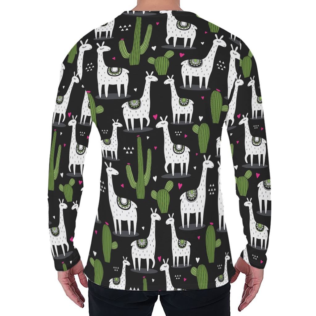 Cactus And Llama Pattern Print Men's Long Sleeve T-Shirt