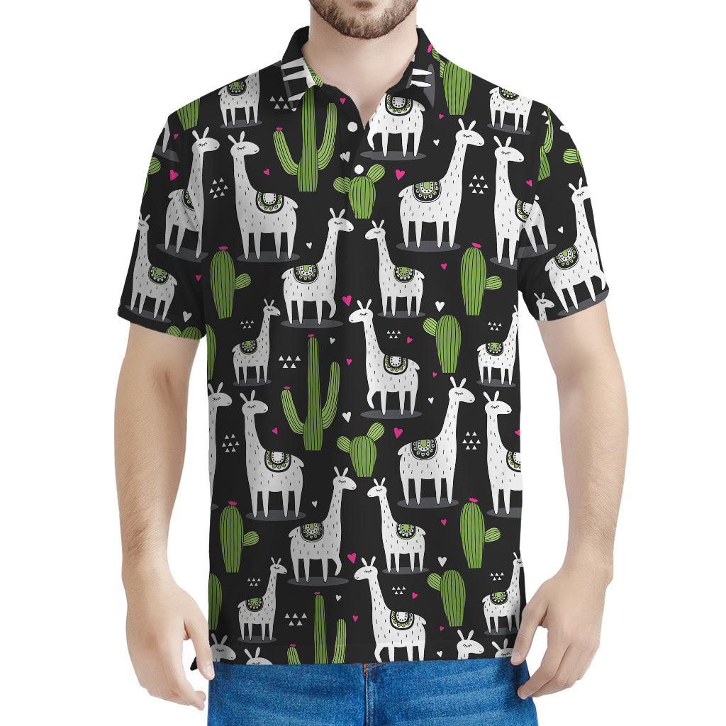 Cactus And Llama Pattern Print Men's Polo Shirt