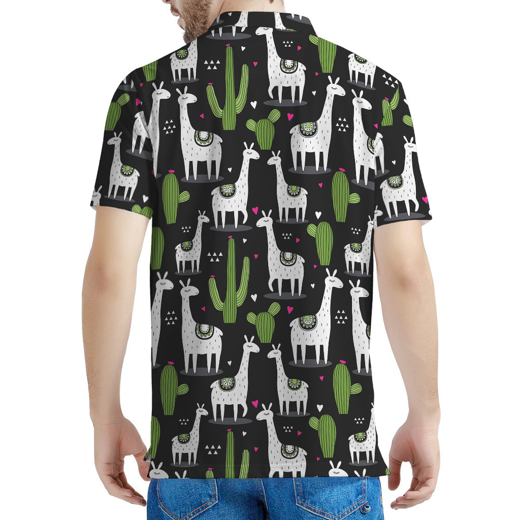 Cactus And Llama Pattern Print Men's Polo Shirt