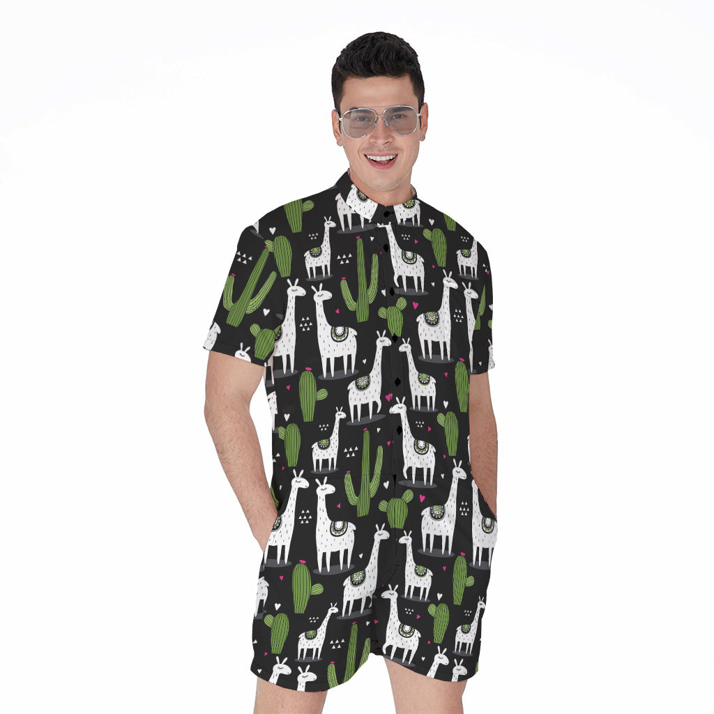 Cactus And Llama Pattern Print Men's Rompers