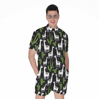 Cactus And Llama Pattern Print Men's Rompers