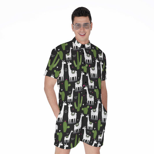 Cactus And Llama Pattern Print Men's Rompers