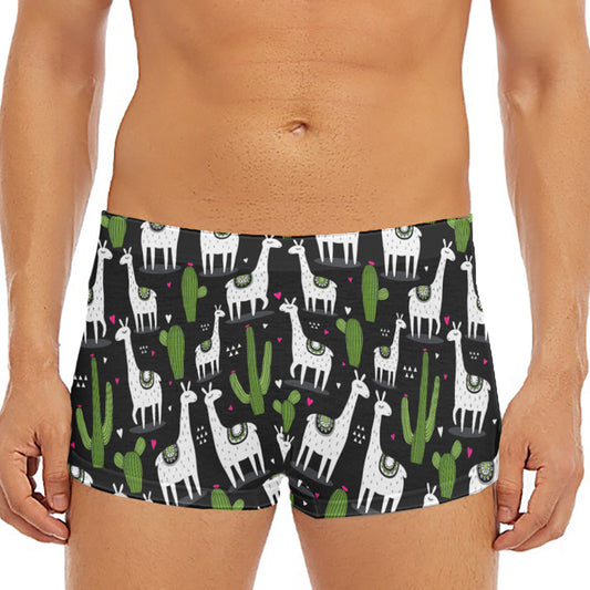 Cactus And Llama Pattern Print Men's Short Boxer Briefs