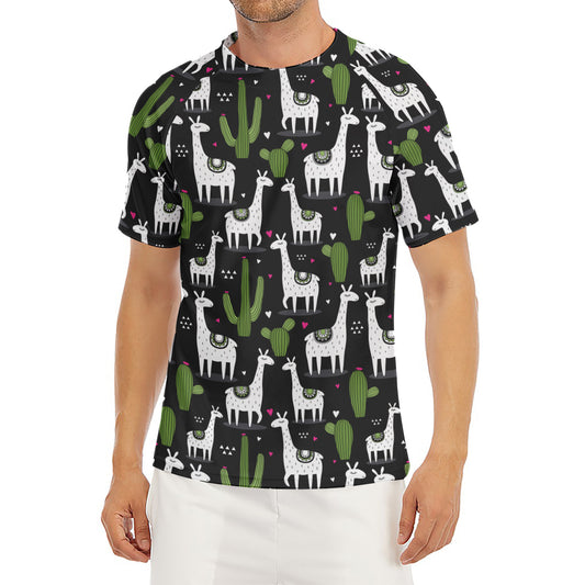 Cactus And Llama Pattern Print Men's Short Sleeve Rash Guard