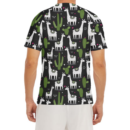 Cactus And Llama Pattern Print Men's Short Sleeve Rash Guard