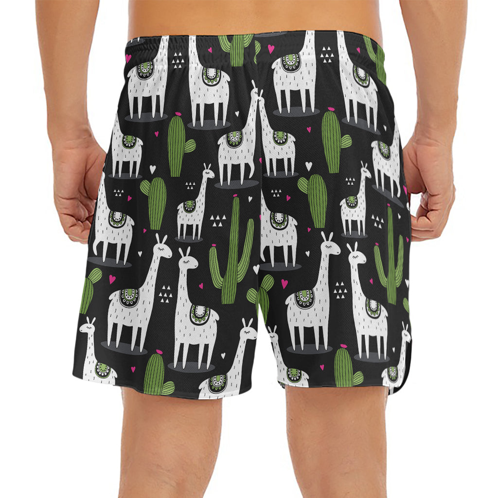 Cactus And Llama Pattern Print Men's Split Running Shorts