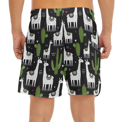 Cactus And Llama Pattern Print Men's Split Running Shorts
