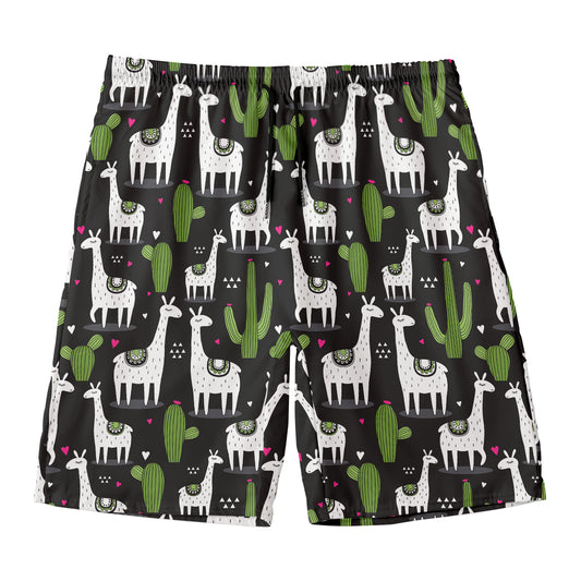 Cactus And Llama Pattern Print Men's Swim Trunks