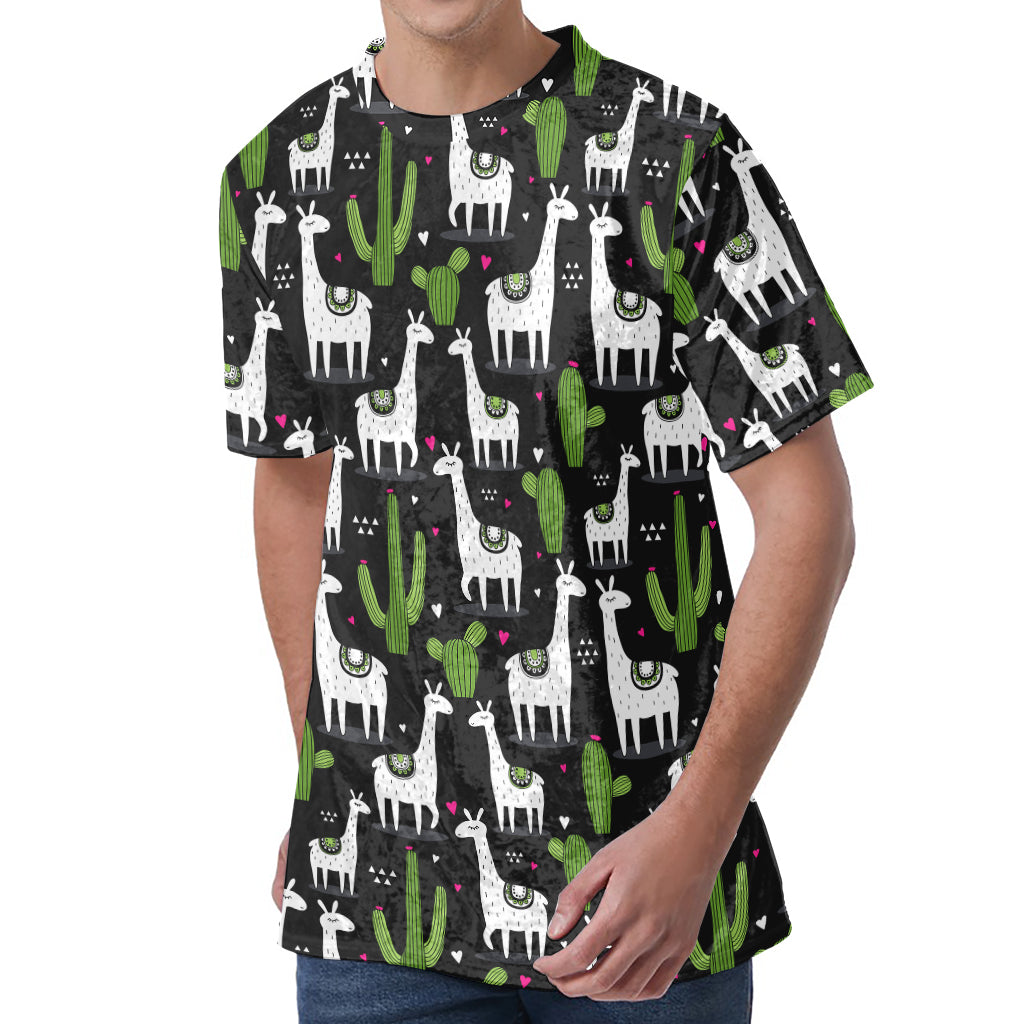 Cactus And Llama Pattern Print Men's Velvet T-Shirt