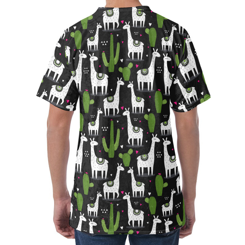 Cactus And Llama Pattern Print Men's Velvet T-Shirt