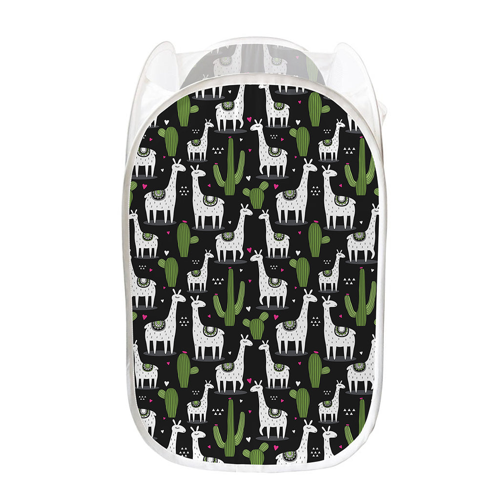 Cactus And Llama Pattern Print Mesh Laundry Hamper