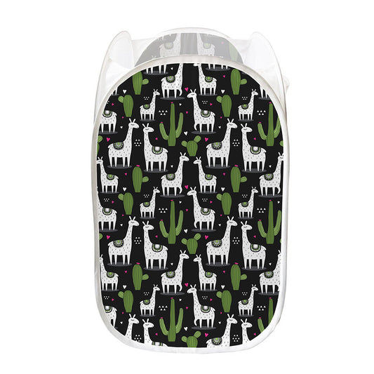 Cactus And Llama Pattern Print Mesh Laundry Hamper