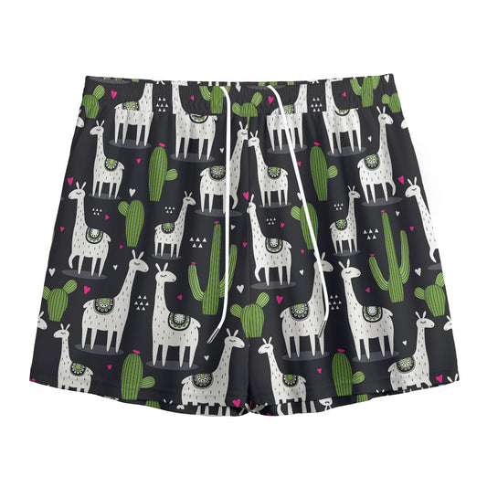 Cactus And Llama Pattern Print Mesh Shorts