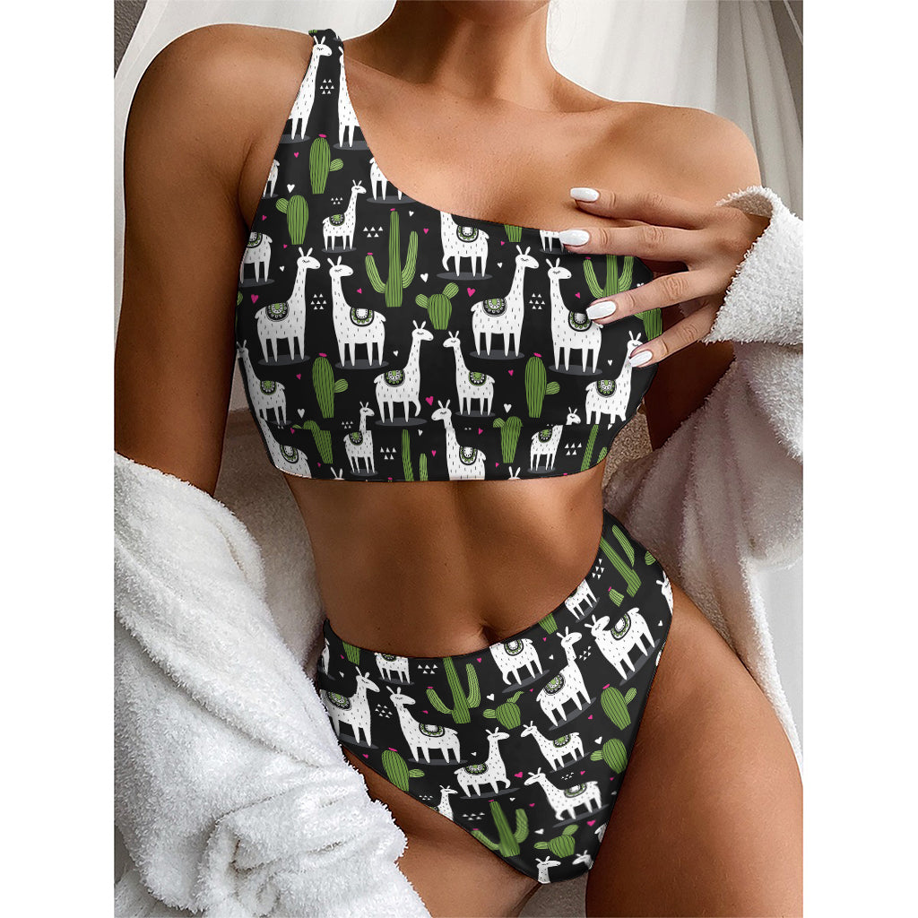 Cactus And Llama Pattern Print One Shoulder Bikini Top