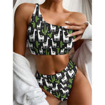 Cactus And Llama Pattern Print One Shoulder Bikini Top