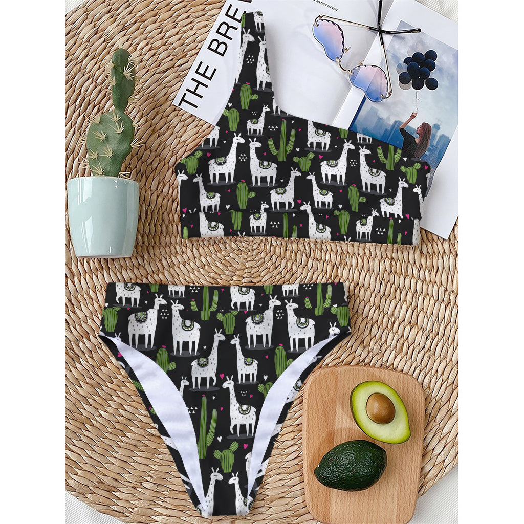 Cactus And Llama Pattern Print One Shoulder Bikini Top