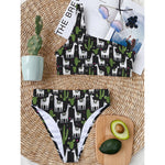 Cactus And Llama Pattern Print One Shoulder Bikini Top