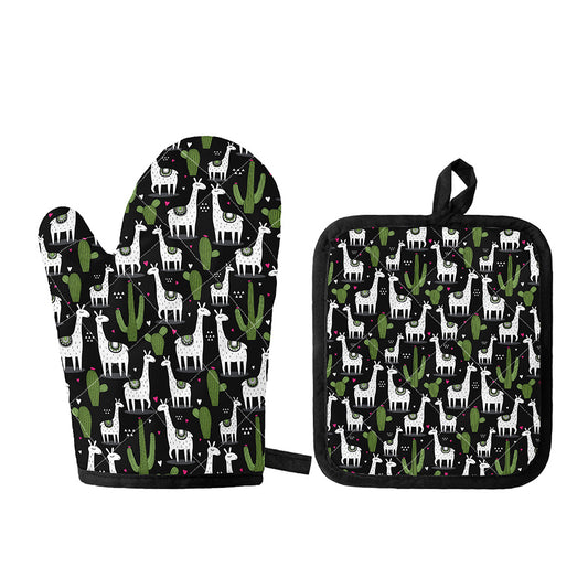 Cactus And Llama Pattern Print Oven Mitt And Pot Holder Set