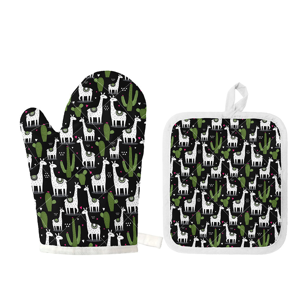 Cactus And Llama Pattern Print Oven Mitt And Pot Holder Set